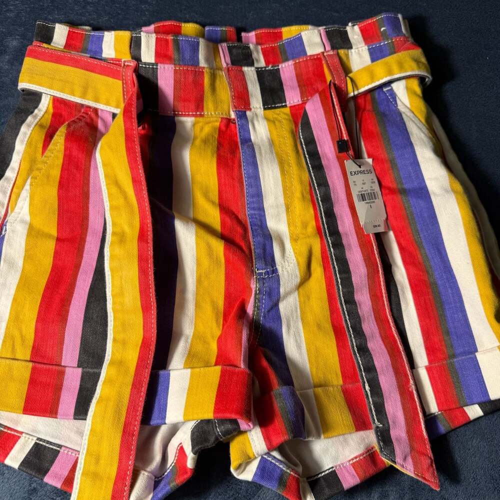 EXPRESS Multicolor Striped Shortie Extreme High Rise Shorts with Sash Belt